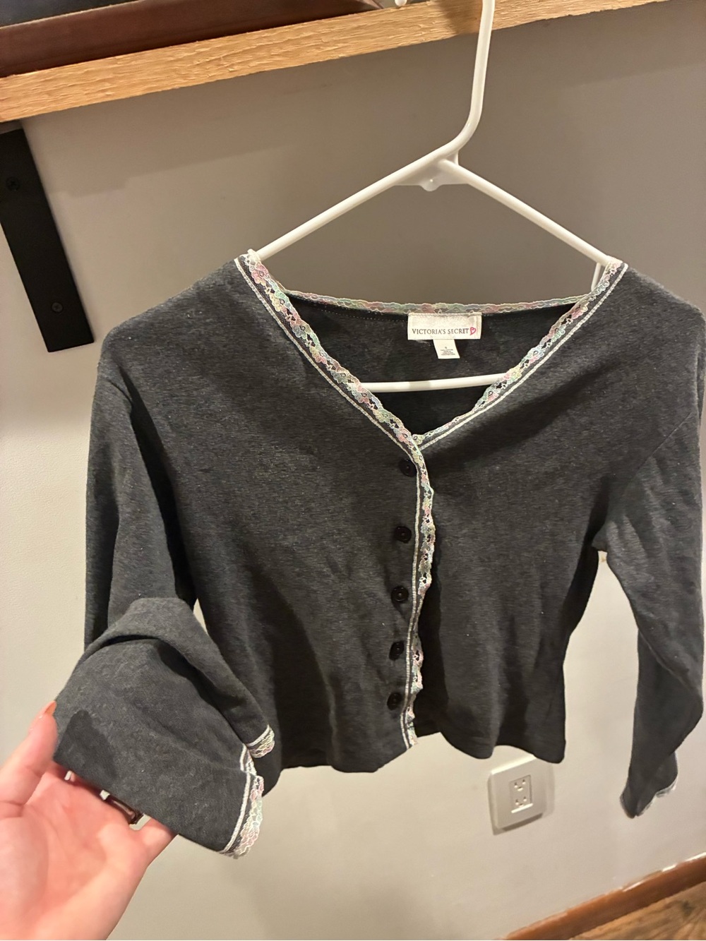 Victoria's Secret Dark Gray Button-Up Crop Top with Pastel Lace Trim